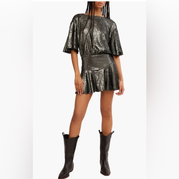 Free People Manuka Sequin Mini Dress in Gunmetal women’s size Medium Whimsigoth - Picture 1 of 9